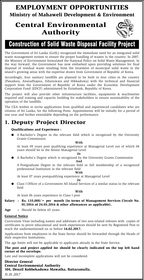 Deputy Project Director - Central Environmental Authority